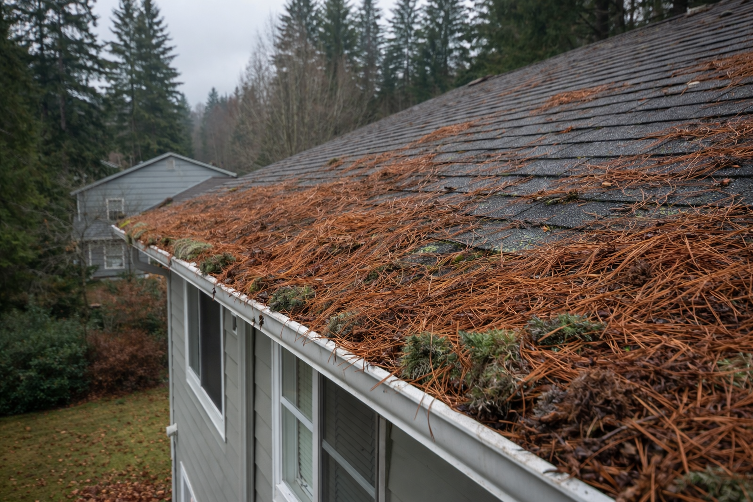 PNW roof with pine needle buildup